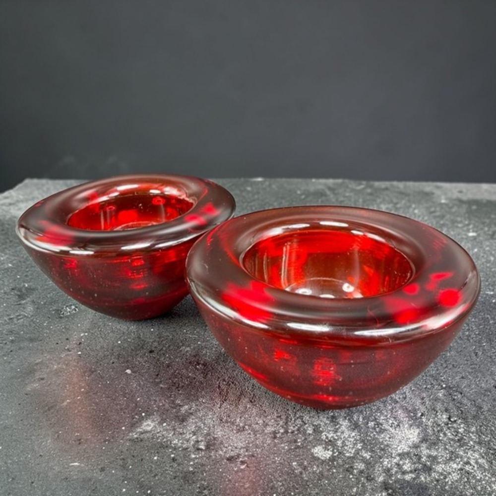 Vintage Ruby Red Glass Votive Candle Holder Pair Mid Century Modern‎ Art Glass